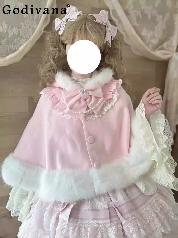 

Весенне-осенний модный флисовый плащ в стиле Лолита для девочек, с бантом, свободный, с капюшоном, теплый, однотонный, омолаживающий, для колледжа, на Новый год