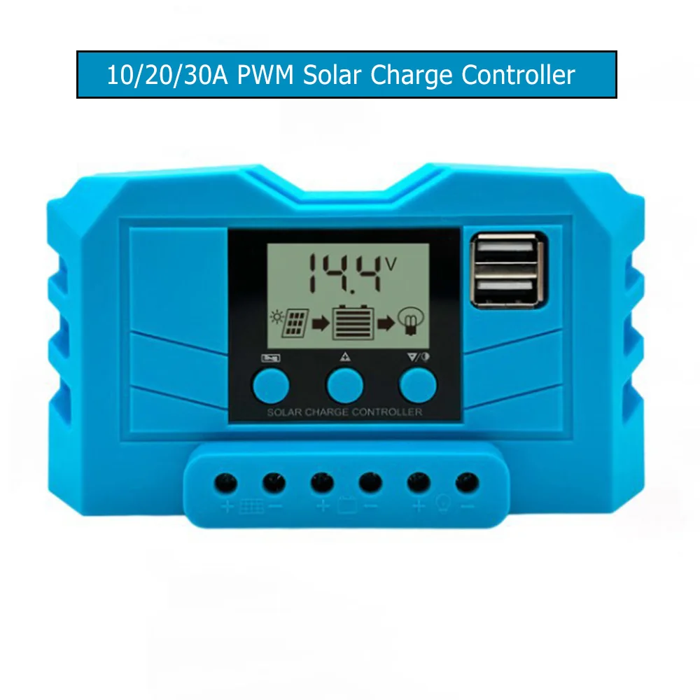 10/20/30A PWM Solar Charge Controller 12V 24V Regulator + LCD Display Dual Port Output Controller for Lead-Acid/Lithium Battery