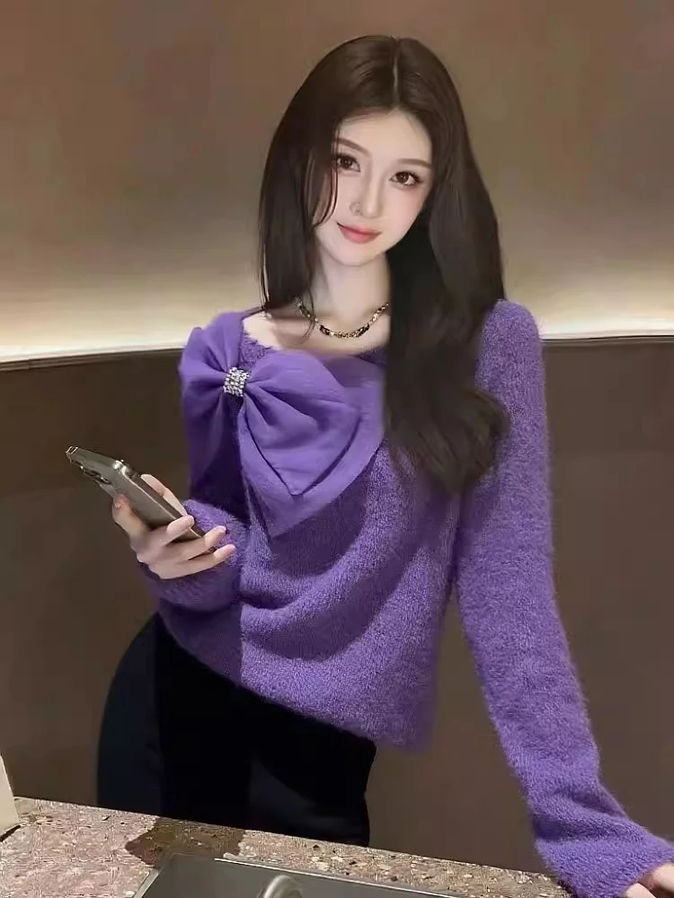 

Осенний женский свитер с круглым вырезом и милым бантом, корейский модный пуловер 2021, вязаные топы Y2k, элегантная женская одежда, универсальный джемпер