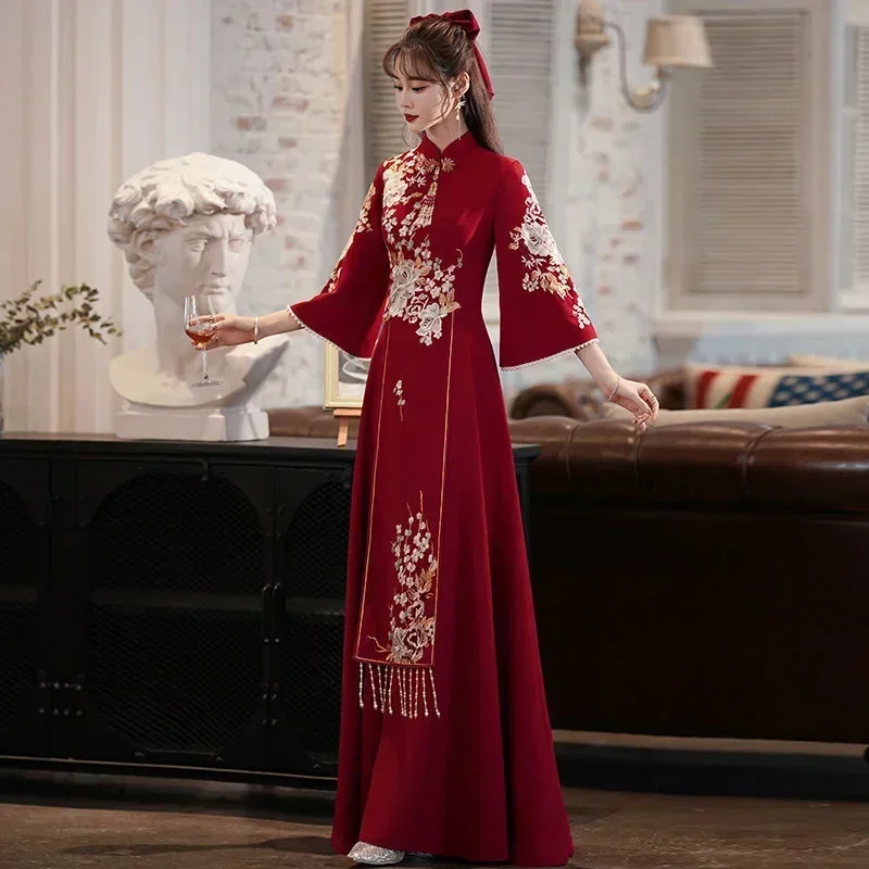 

Chinese Style Bridal Toasting Cheongsam Dress Wind Red Traditional Qipao Dress Vintage Wedding Elegant Evening Party Dresses