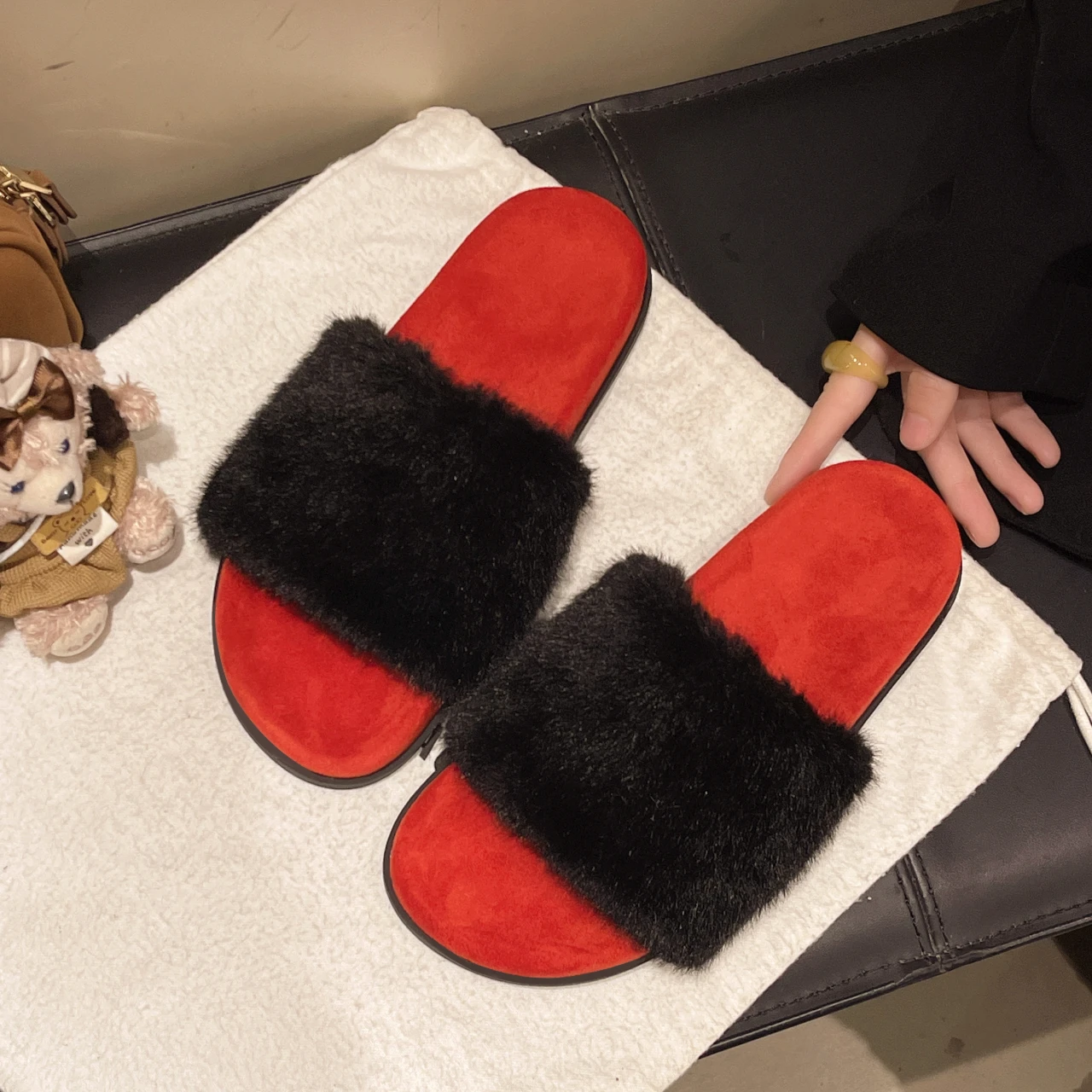 Fluffy Slippers for Women, New 2026 Autumn and Winter Korean-style Home One-strap Cotton Slippers