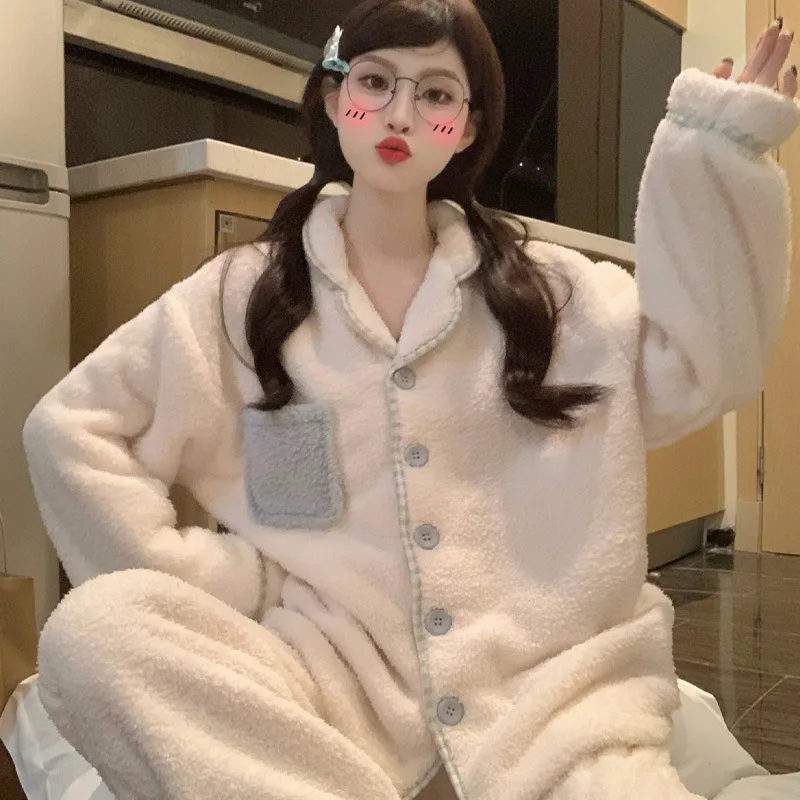 

Женский пижамный комплект из кораллового флиса, состоящий из двух предметов, осенне-зимняя теплая флисовая подкладка, утепленная фланелевая одежда для сна, милая домашняя одежда, уютная ночная рубашка