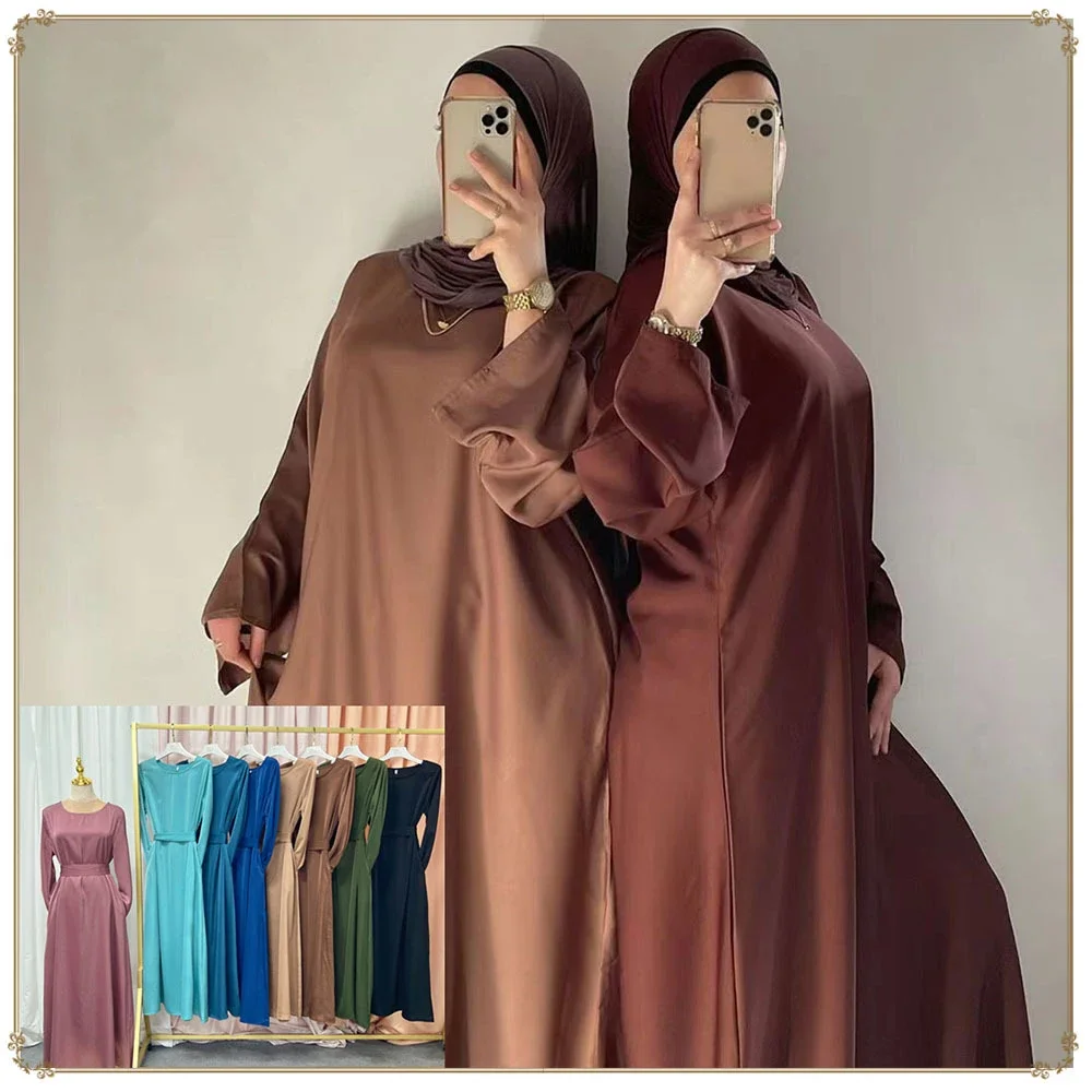 Satijn Abaya Turkije Moslim Mode Hijab Jurk 8 Kleuren Gesloten Abaya voor Vrouwen Dubai Afrikaanse Jurken Islam Kleding Kaftan Gewaad