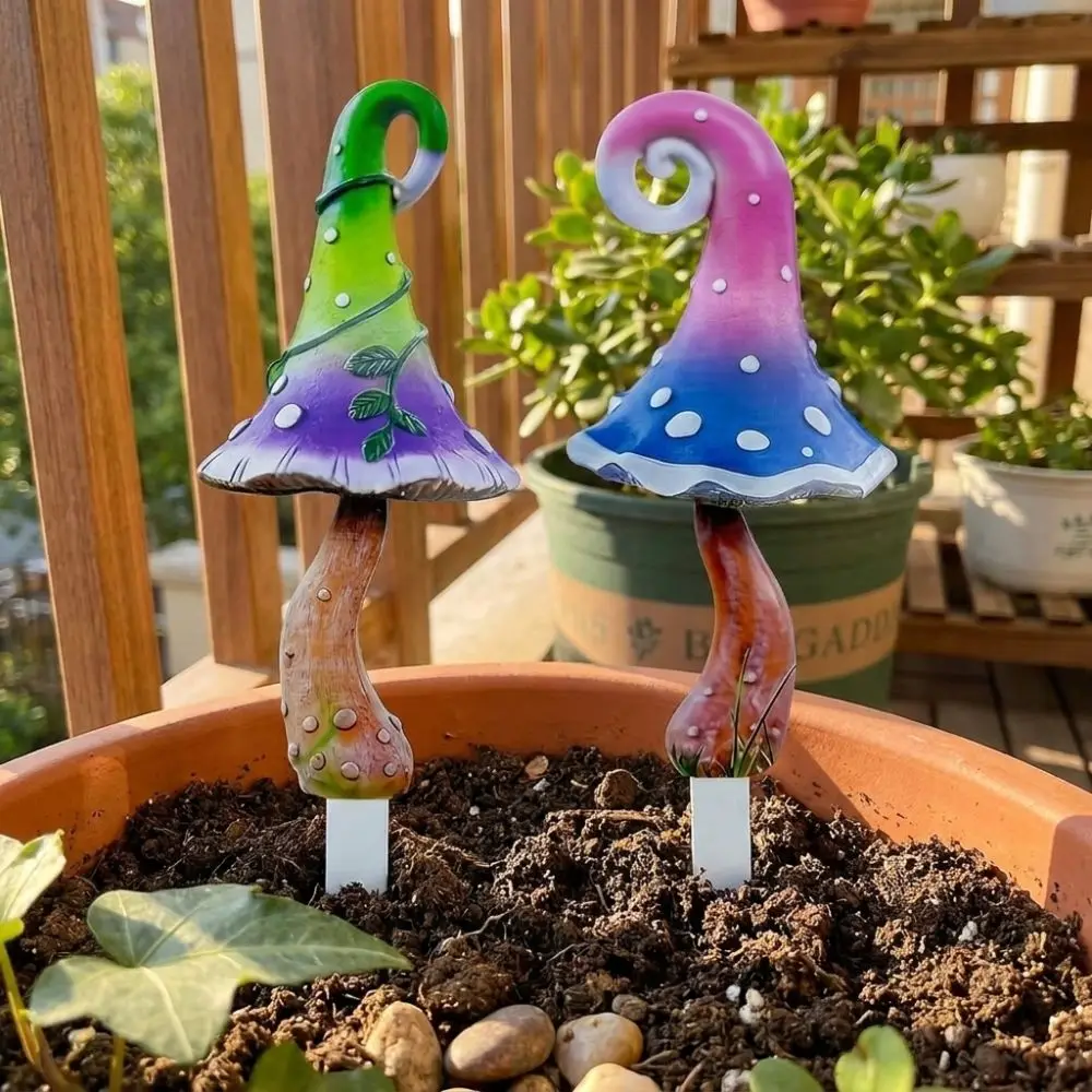 1 Pair 2D Flat Colorful Mushroom Metal Garden Stake Gradient Polka Dot Waterproof Fantasy Mushroom Decor Spike