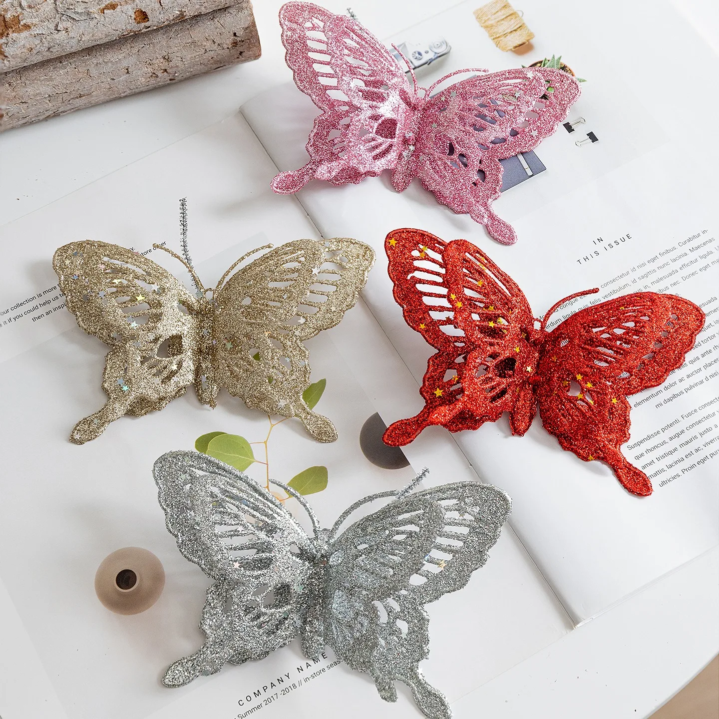 

3PCS Christmas glitter simulation butterfly pendant DIY Christmas tree accessory decoration hanging scene arrangement Xmas Tree