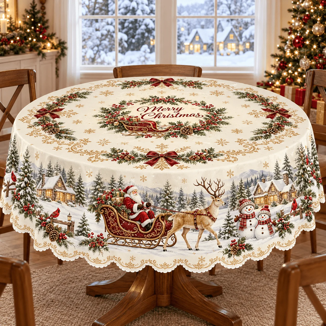 1 round tablecloth, Santa sleigh, elk, snowman and snowy hut print, perfect for Christmas decorations