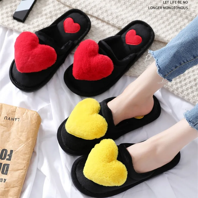 Women Indoor Warm Home Slippers Bedroom Cute Heart Pattern Non-slip Soft Comfort Plush House Slippers Shoes Autumn Winter