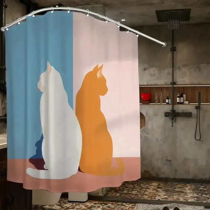 Minimalist Cat Shower Curtain – White & Orange Cats on Blue Pink Split Background, 12 Hooks, 70.87×70.87
