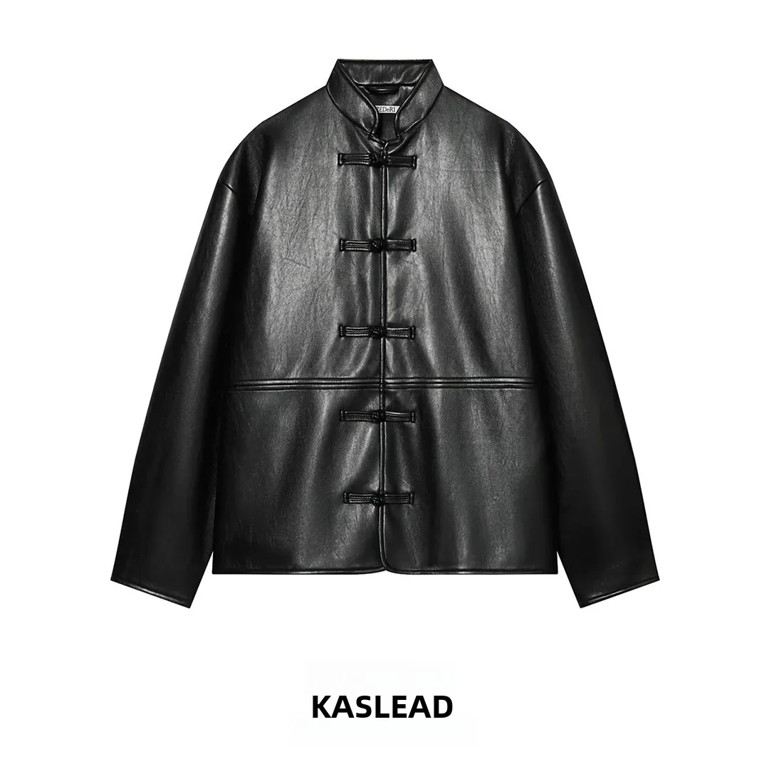 KASLEAD New Women's Leather Effect Jacket Coat with Wind Rope Buckle Long Sleeve Regular Length Polyester Fiber 100%