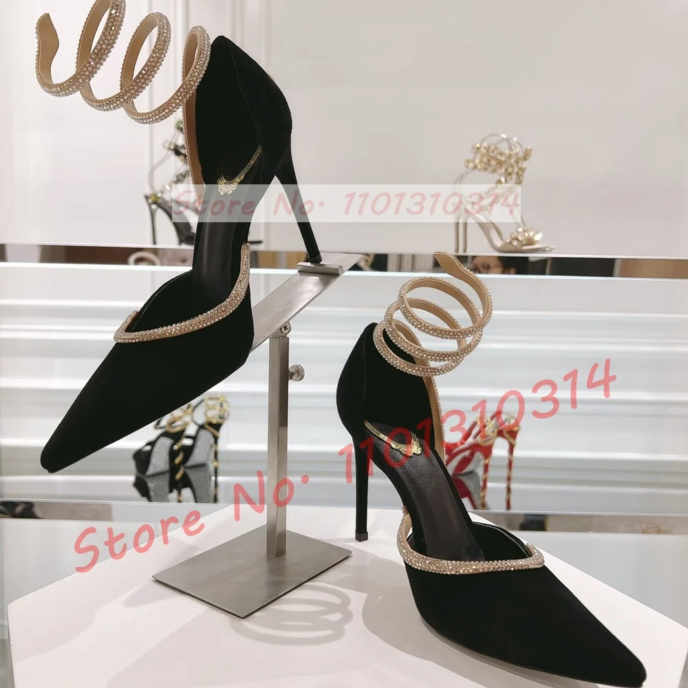 Gold Kristall Schlangen wickel Samt Pumps Damen trend ige elegante schwarze spitze Zehen echte Leders andalen High Heels Abendkleid Schuhe