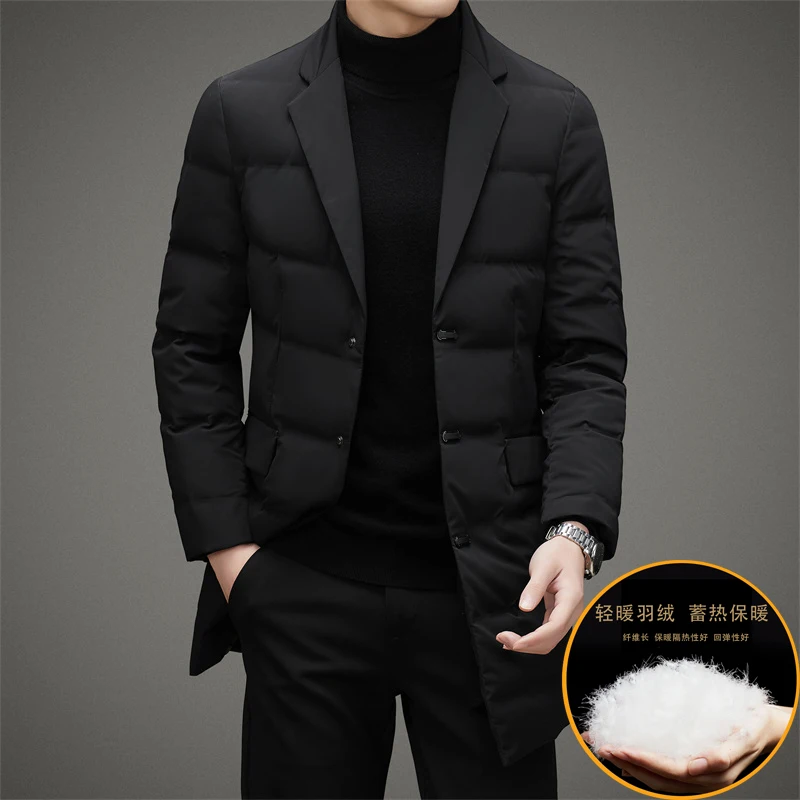 Casual 2024 Autumn Winter Mid-Length Suit White Duck Down Jacket Outwear Windproof Warm Black Puffer Coat Business Down Clothing