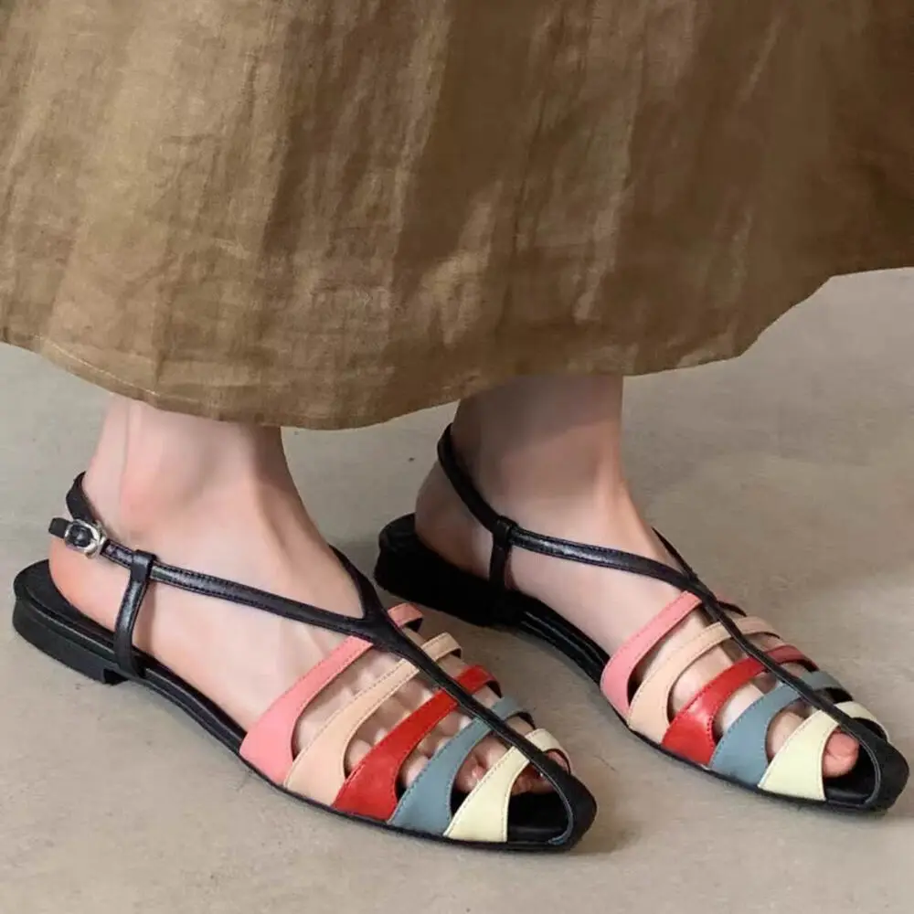 

2026 New Genuine Leather Sandals Women Shoes Mixed Color Flat Sandals Summer Fashion Party Dress Buckle Shoes Large Size34-41