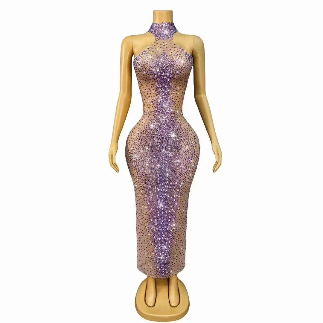 

Sparkly Rhinestones Long Dress Sexy Mesh Transparent Celebrate Evening Wedding Prom Birthday Dress Photo Shoot Wear