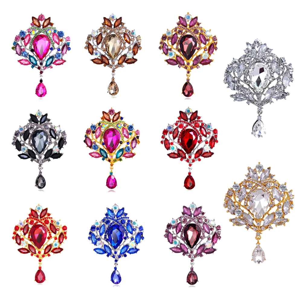 High Elegance Large Crystal Pendant Teardrop Women's Brooch Wedding Decoration Rhinestone Jewelry Gifts