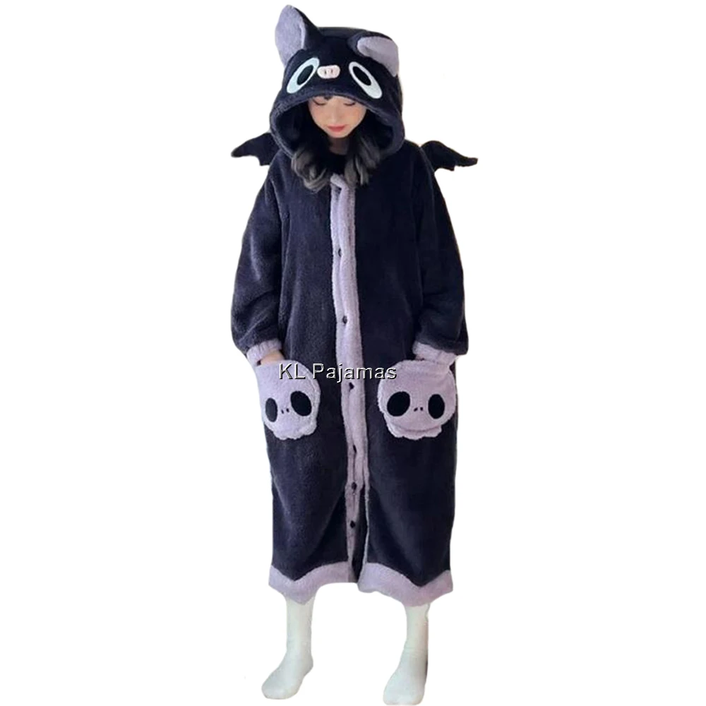 

Halloween Bat Flannel Nightgown Warm Sleepwear Women Girls Winter Plush Sleeping Dress Pajamas Homewear Hooded Long Night-Robe