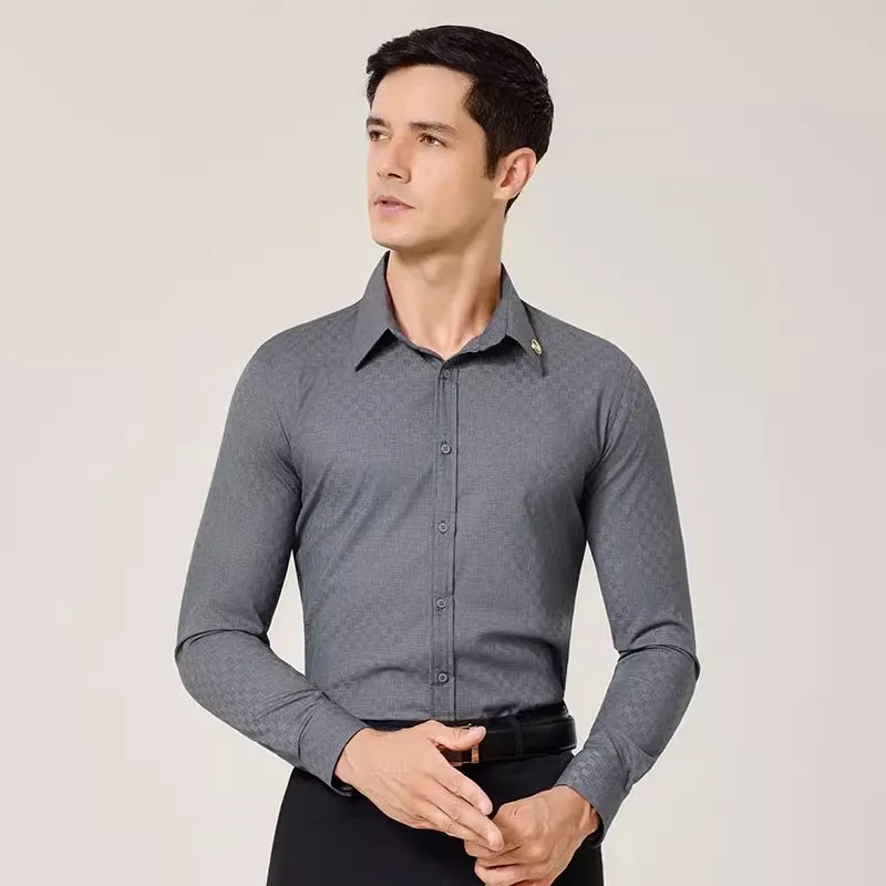 Koszula do tańca latynoskiego męska szara z długim rękawem nowoczesny walc topy do tańca towarzyskiego ubrania wysokiej jakości strój do tańca scenicznego