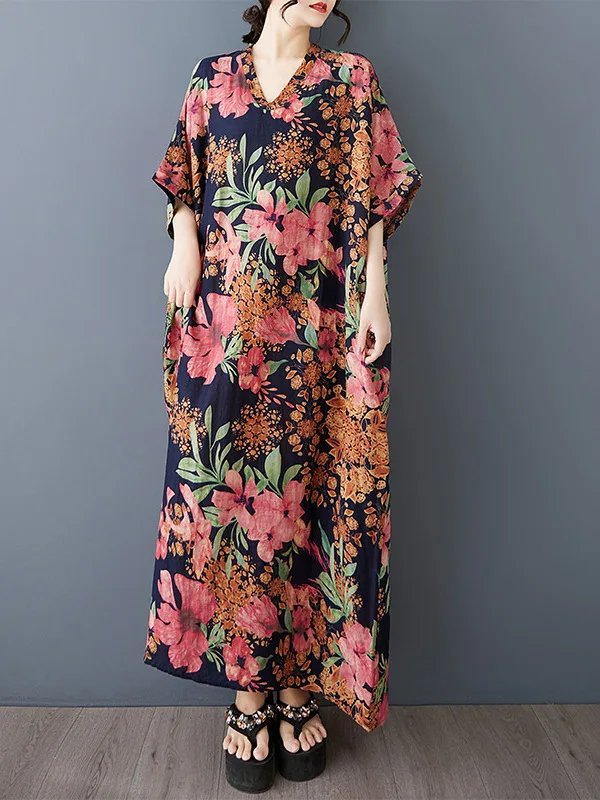 夏らしい花柄プリントのコットンリネンVネックワンピース、旅行や普段着に最適なゆったりとした半袖ロングスカート、体型を隠すツーリストドレス