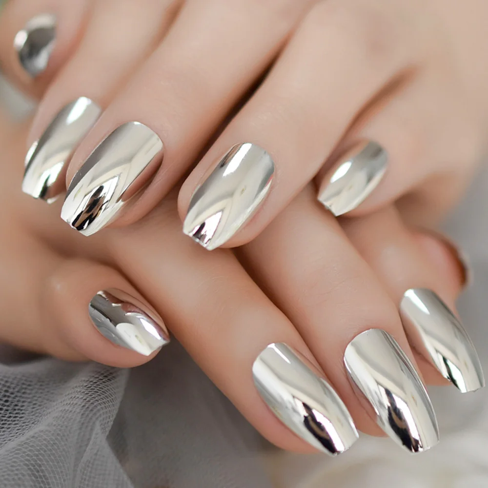 Coffin Shiny Punk Metallic Silvery White Ballerina False Fake Nails Metal Plating Reflective Mirror Press on Finger Nail Tips