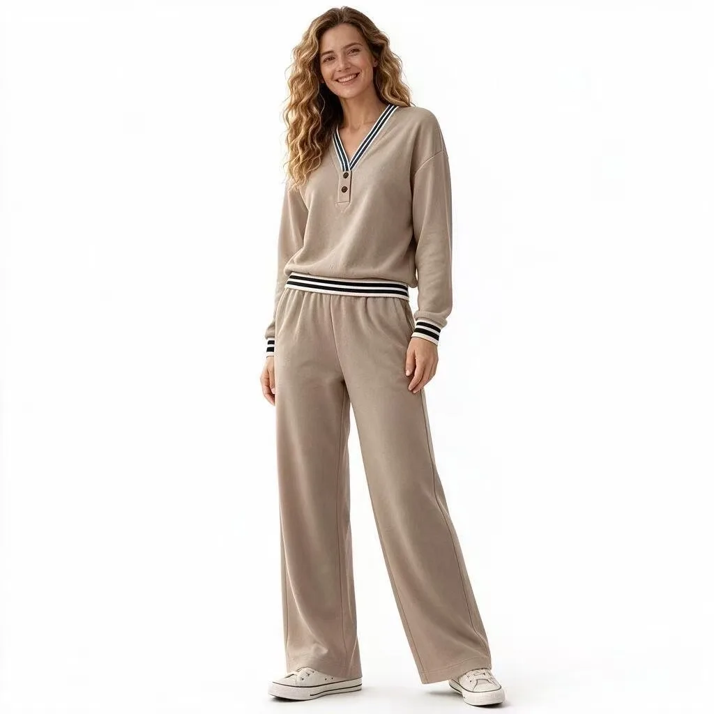 2026 Amazon's cross-border women's fall/winter V-neck striped pullover pants and loose-fitting casual set for legs and torso