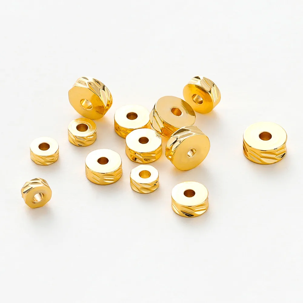 50Pcs 4/5/6mm 14K/18K Gold Plated Brass Round Diagonal-Cut Beads Flat Round Spacer Beads DIY Jewellery Making Supplies Wholesale