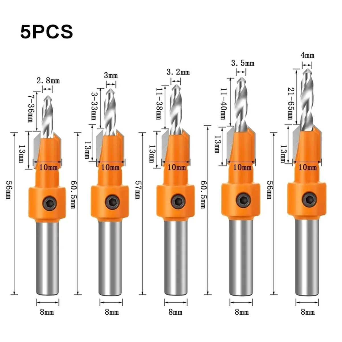 DT35BG 8mm Countersink Drill Bit, High Speed Steel Drill Bit Set with Hex Key Wrench for Woodworking Drilling in Wood