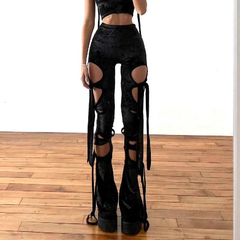 Gothic Hot Girl Niche Design, Dark Punk Hollow Out Strap Pants, Sexy And Slim Micro Flared Pants