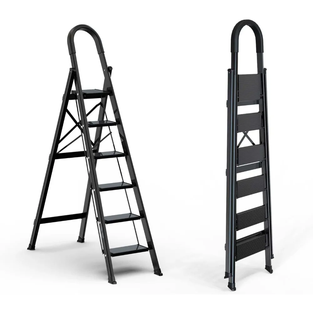 GameGem Lightweight Aluminum 6 Step Ladder Folding Step Stool Stepladders with Anti-Slip and Wide Pedal Ladder for Home