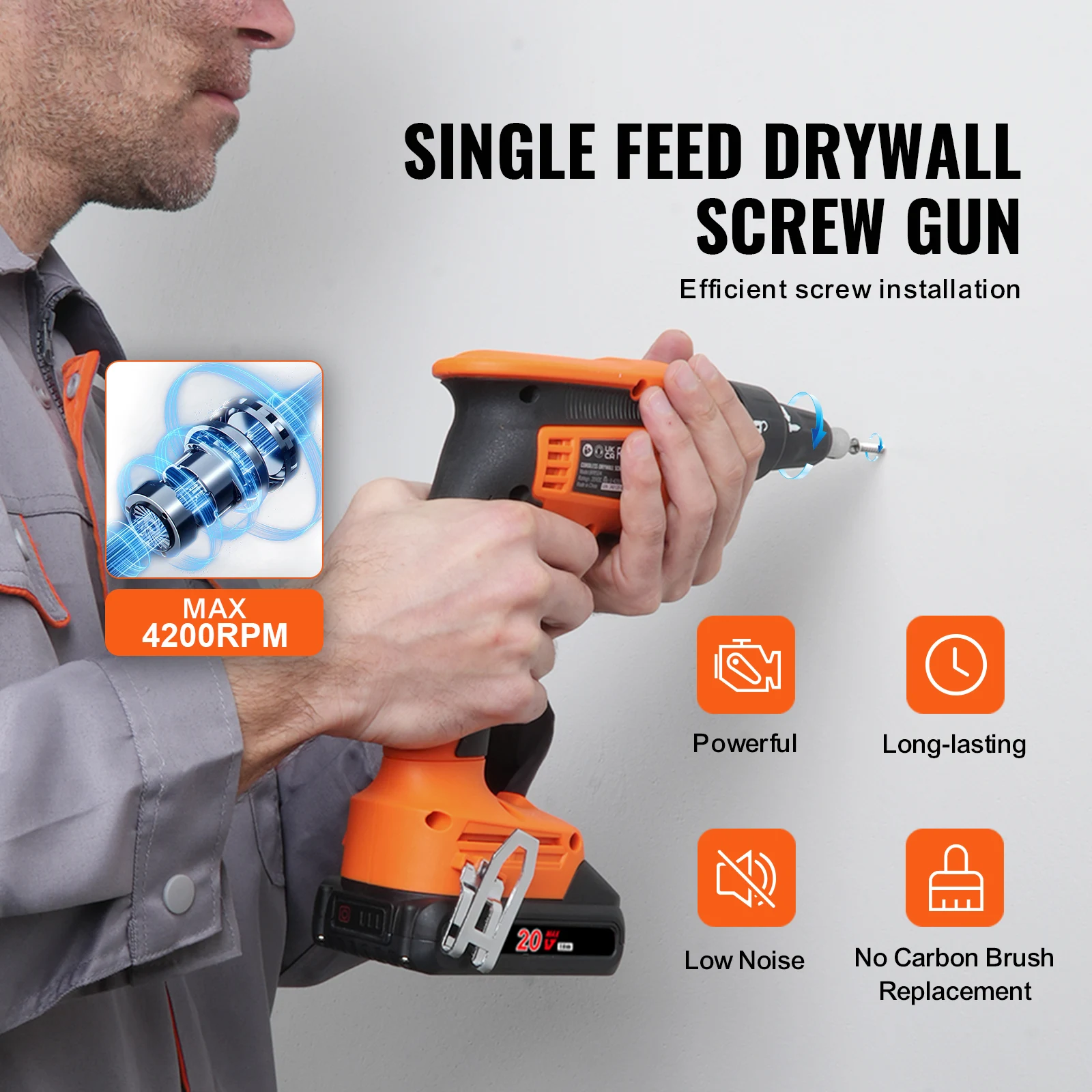 SucceBuy Drywall Screw Gun 20V Max Drywall Screwgun 4200RPM Brushles Cordless Drywall Kit Reverse Adjustable Built-in LED Light
