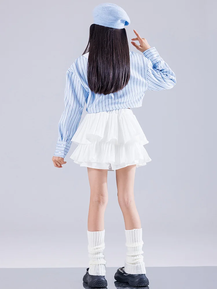 Hip Hop Sets Mädchen K-pop Streifen Blau Crop Top Street Dance Cargo Hosen Tiered Röcke für Kinder Streetwear Kinder Jazz Kostüm