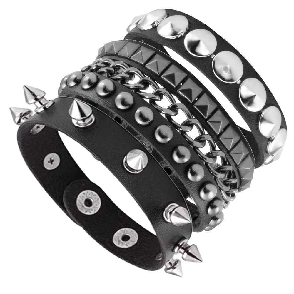 New 3PCS/Set Black Goth Emo Boho Bracelets For Men Women Punk Gothic Spike Rivets PU Leather Bracelet Bangles Party Jewelry Gift