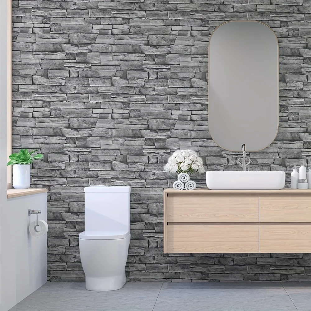 Self Adhesive Wallpaper Vintage Gray Brick Peel and Stick Waterproof Wall Stickers for Living Room Kitchen Bedroom