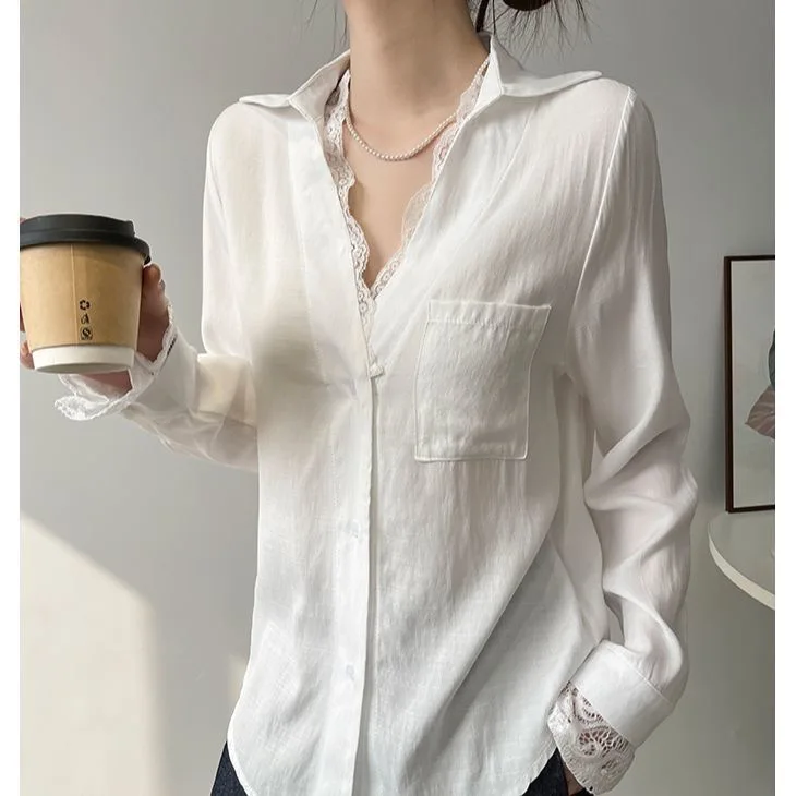 

Белая кружевная блузка с длинным рукавом и V-образным вырезом, женская, весна-осень, новый дизайн, отложной воротник, свободный крой, комфортная