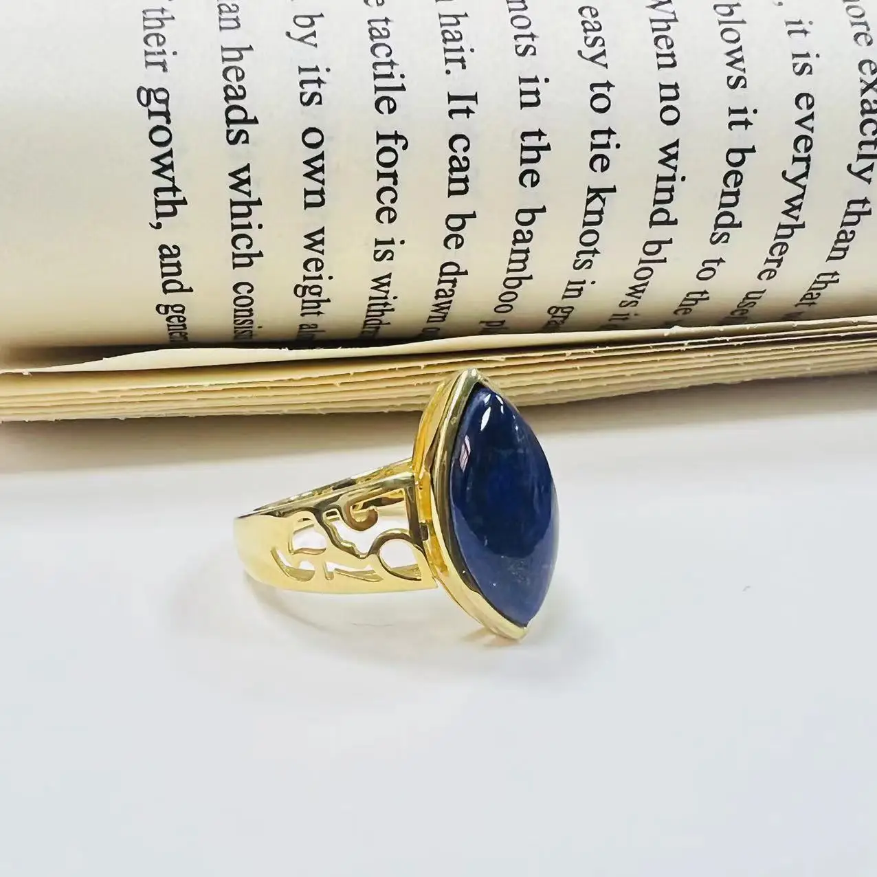 Natural Blue Stone Ring S925 Sterling Silver Gold Plated Temperament All-match Niche Design Ring