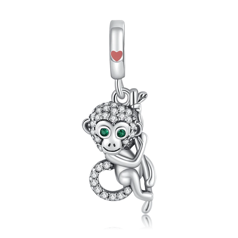 Trendy 925 Sterling Silver Green Eyed Tree Climbing Monkey Charm Fit Pandora Bracelet Women's Cute Jewelry Accessories