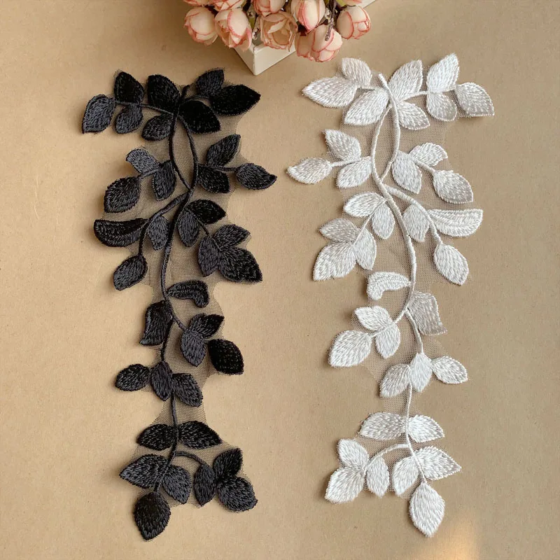 1 Pair White Black Leaves Branches Embroidery Patches For Housing Clothes Repair DIY Accessories 31*12CM