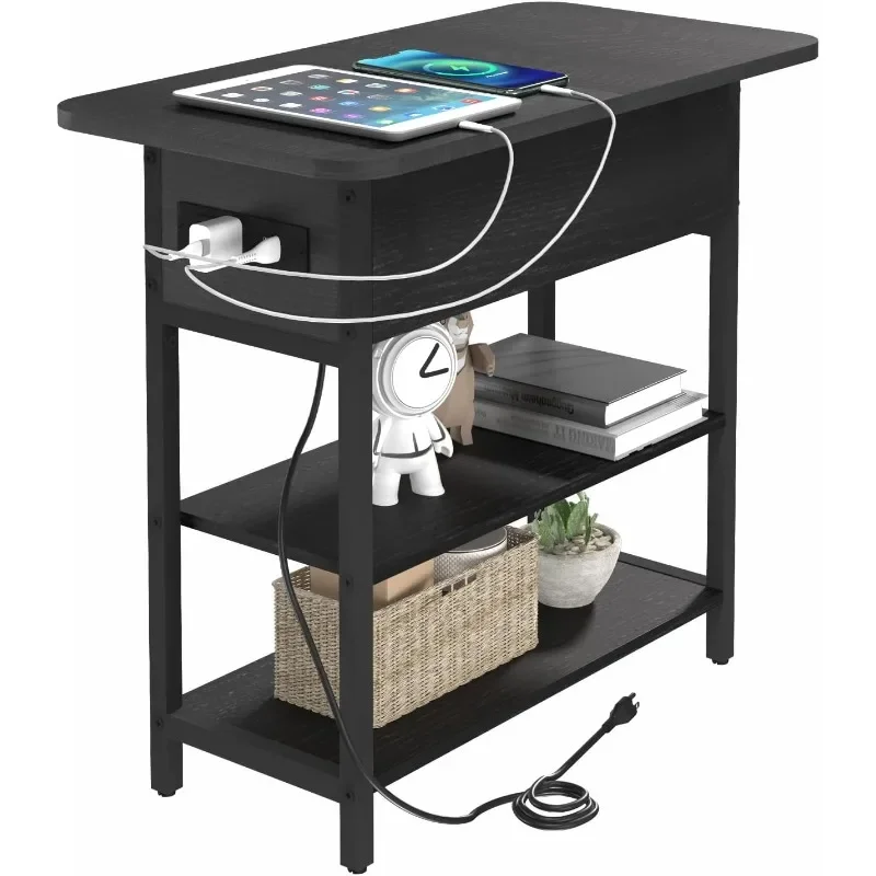 End Table with Charging Station, Flip Top Side with USB Ports and Outlets, Sofa Couch Bedside