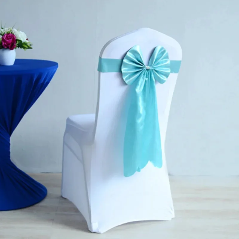 Hot Saling 1Pcs PU Chair Sash Long Tail Butterfly Bow Tie Ready Made Sash Spandex Ribbon 12 Colors Wedding Chair Knots Decora