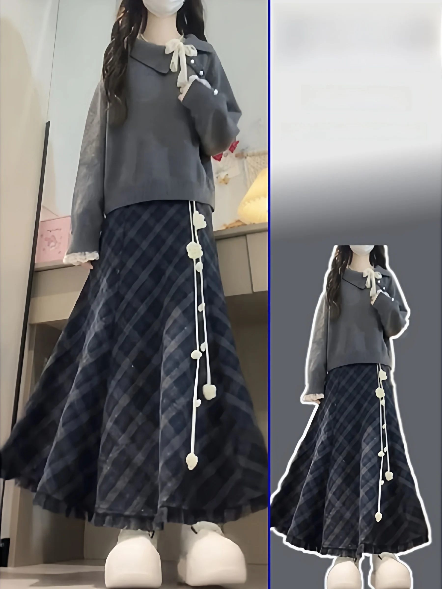 

Ретро-костюм в клетку с высокой талией: свободный повседневный комплект из свитера и юбки больших размеров, модный и теплый для зимы