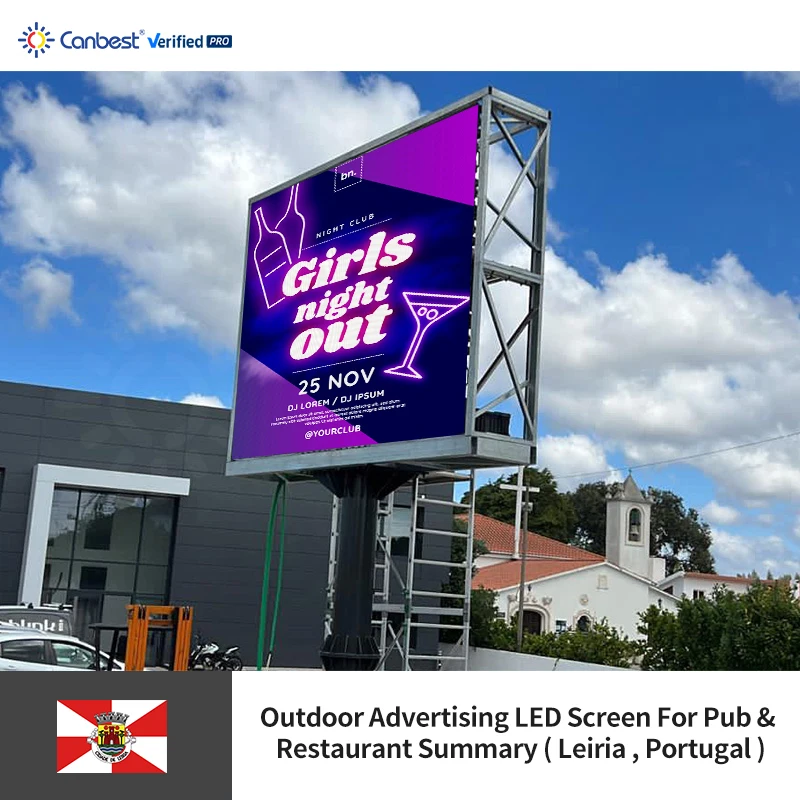 หน้าจอแสดงผล LED สำหรับโฆษณากลางแจ้ง Mes P4 4 มม. 3840x2880 มม. 12.59x9.44 ฟุต สำหรับผับและร้านอาหารในโปรตุเกส