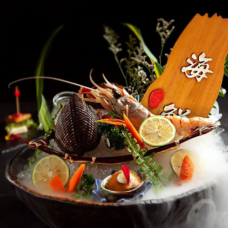 Japanese Sashimi Plate Decoration Dish Food Menu Restaurant Seafood Buffet Sushi Salmon Plate Cuisine Decor Wooden Signboard