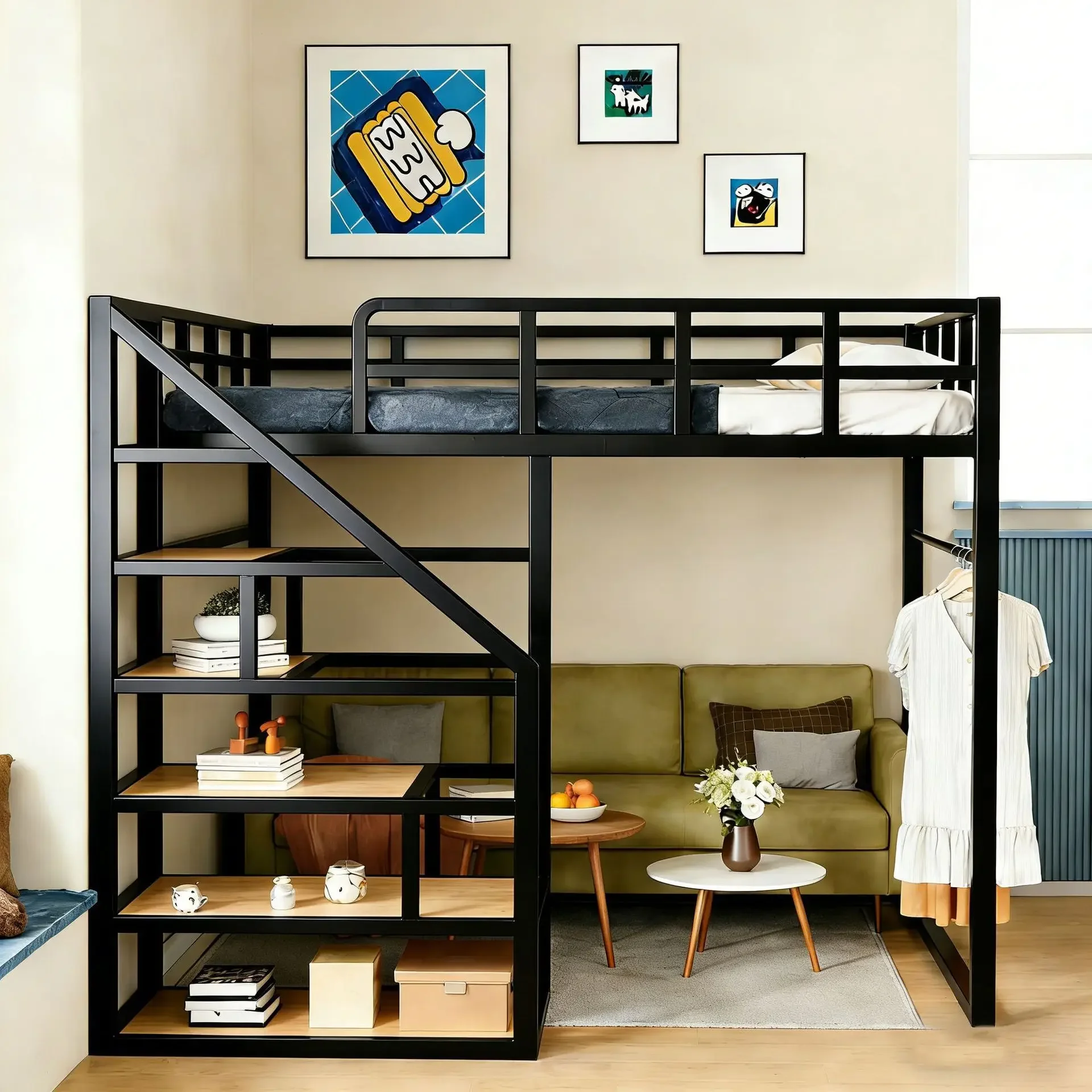 Wrought iron elevated bed multi-functional small apartment duplex bed with bookshelf wardrobe small apartment space-saving