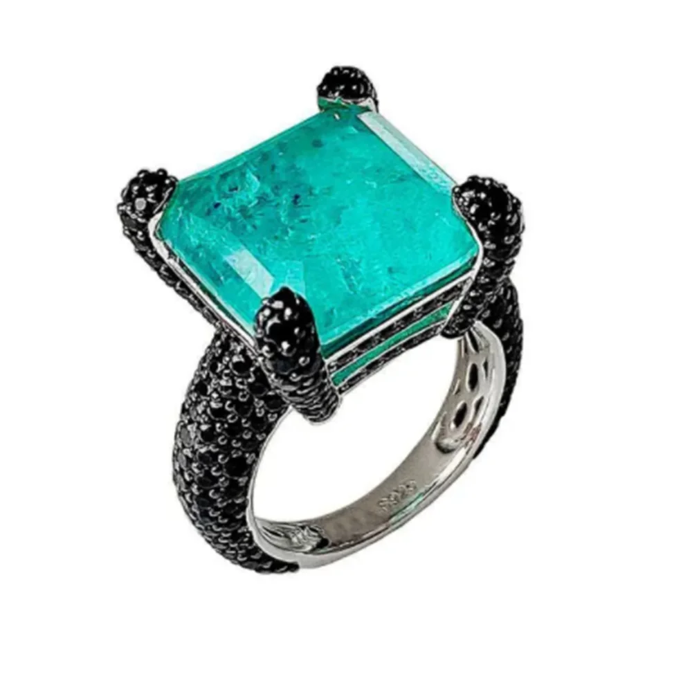 

KQDANCE S925 sterling silver with Created 14*14mm Square Blue Green Paraiba Tourmaline Rings Black Stones Fine Jewelry For Women