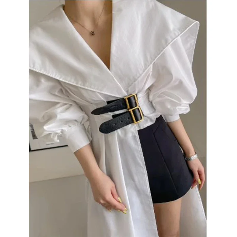 Neploe Korean Chic Elegant Style Lapel Neck Split Double Belt Waist Closure Slim A-line Dress Autumn CHic Simpe Gentle Vestidos