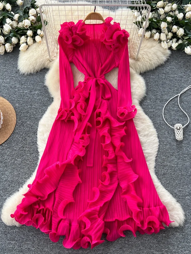 Ele Aラインロングドレス レディース ハイウエスト プリーツ サイドスリット スリム フロア丈ガウン Ele マットデザインセンス