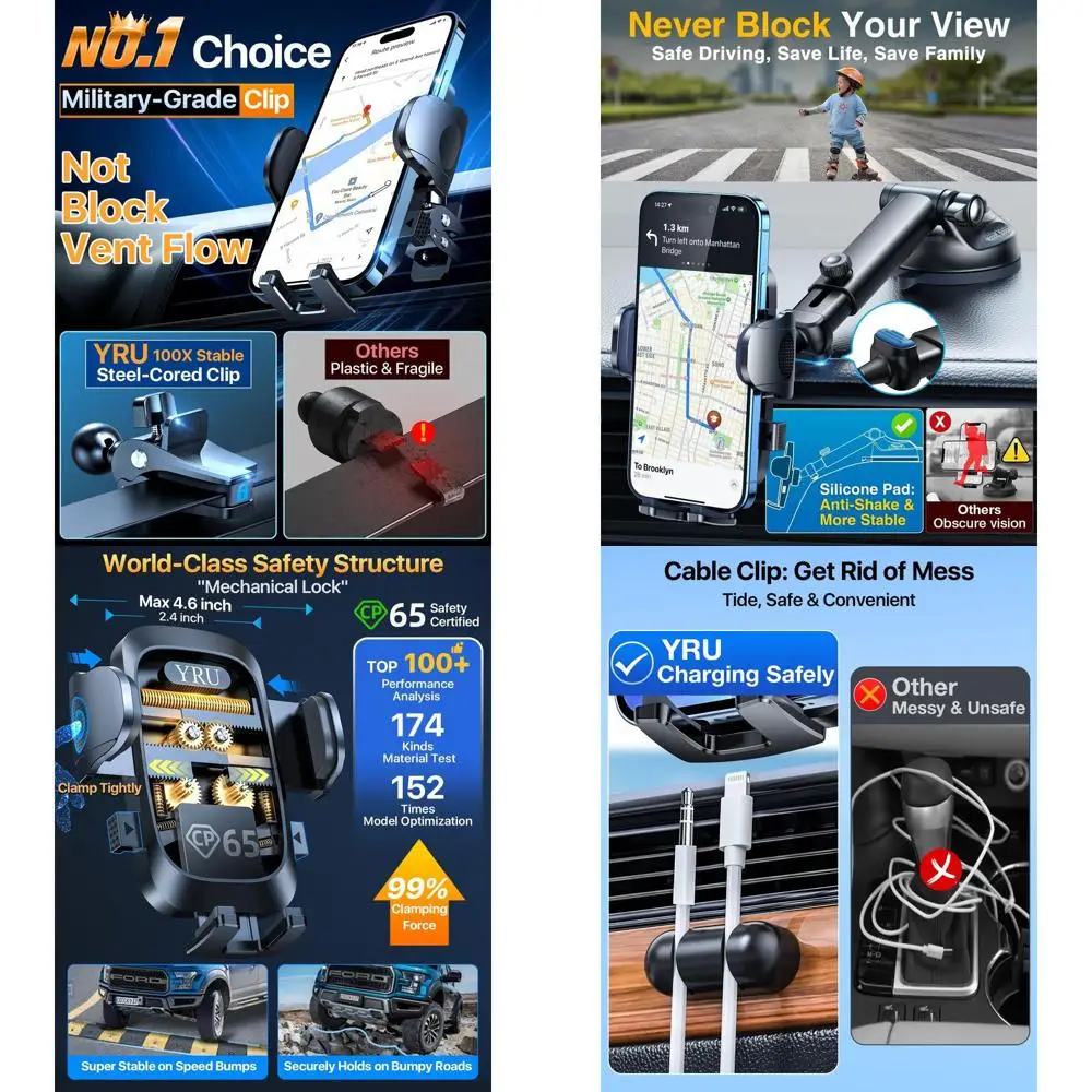 

Улучшенный держатель для телефона в автомобиль – запатентованный, военного класса, для iPhone 17-13 Pro Max, совместим с легковыми и грузовыми автомобилями, черный