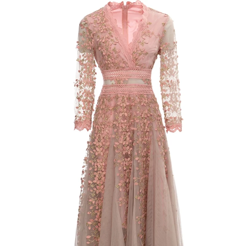 

New 2025 Spring Summer Fashion Women Pink Vintage Party Long Dress High Waist Mesh Embroidery Big Swing Dress