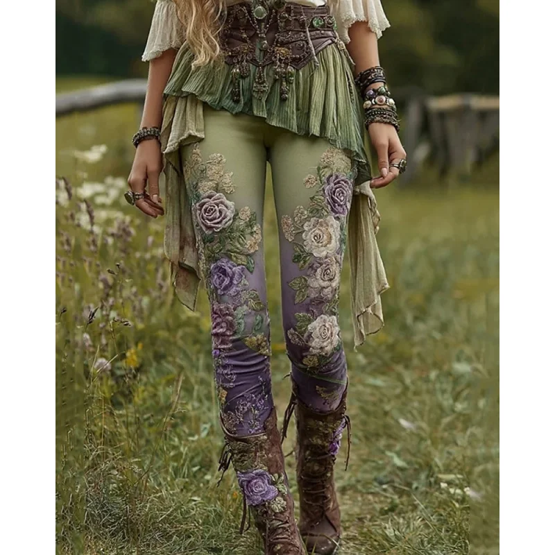 بنطلون نسائي لباس ضيق مريح كاجوال على الطراز البوهيمي زهور خصر مرن يسمح بمرور الهواء مريح قابل للتمدد في عطلة الشارع #2