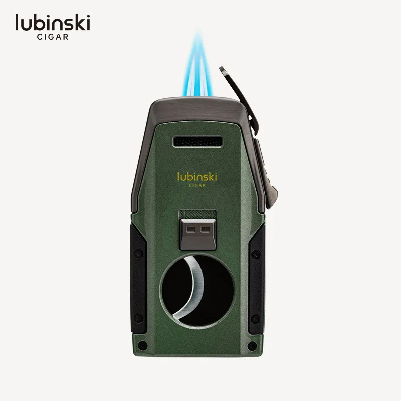 

LUBINSKI Cigar Lighters Turbo Dual Flame Jet With Metal Hole Opener Cigar Cutter Holder Windproof Portable Lighter Men's Gift