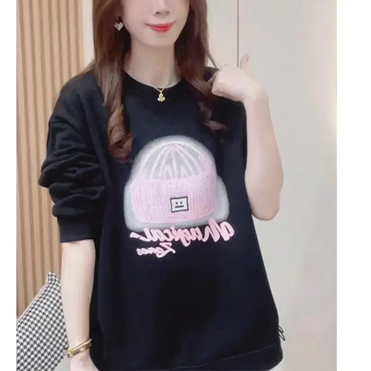 

New Style Drawstring Printed Western-style Mid Length Top Splicing Fake Two Hoodies for Women 2024 Spring and Autumn