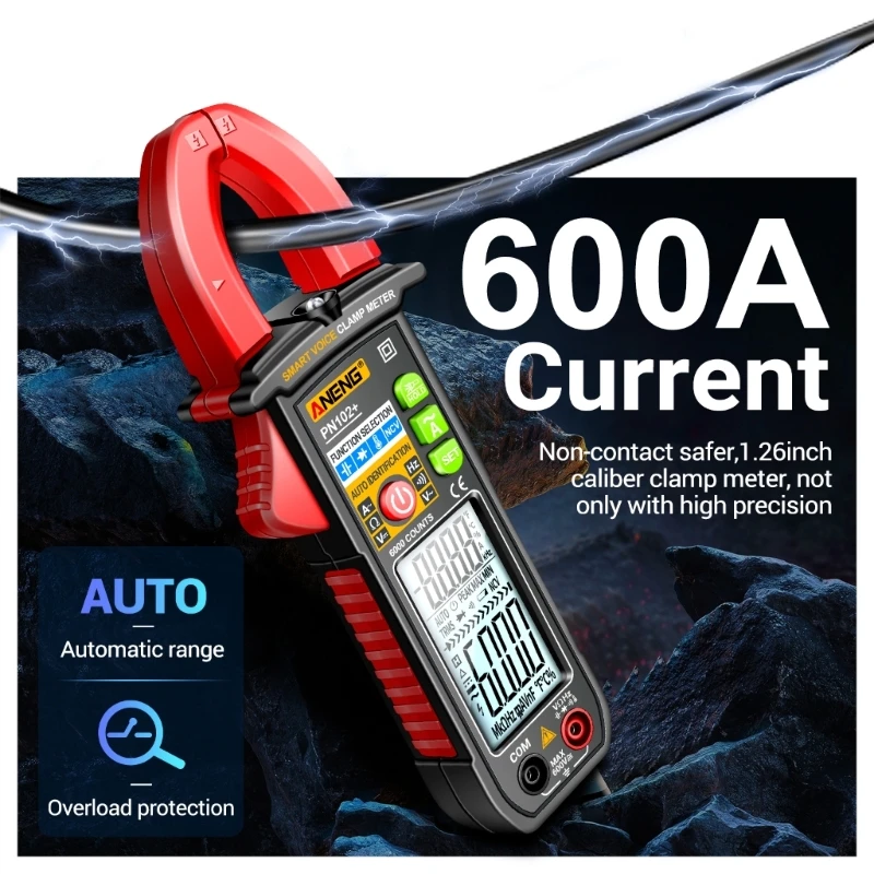 Digital Clamp Meter TRMS 6000counts, 600A AC-Current AC-DC NCV- Continuity Capacitance Resistance Test